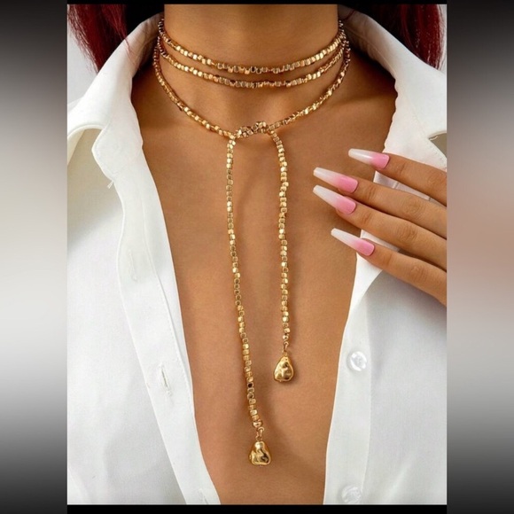 Jewelry - 18k Gold Plated Beaded Lariat Necklace Long Statement Wrap Chain 55” New